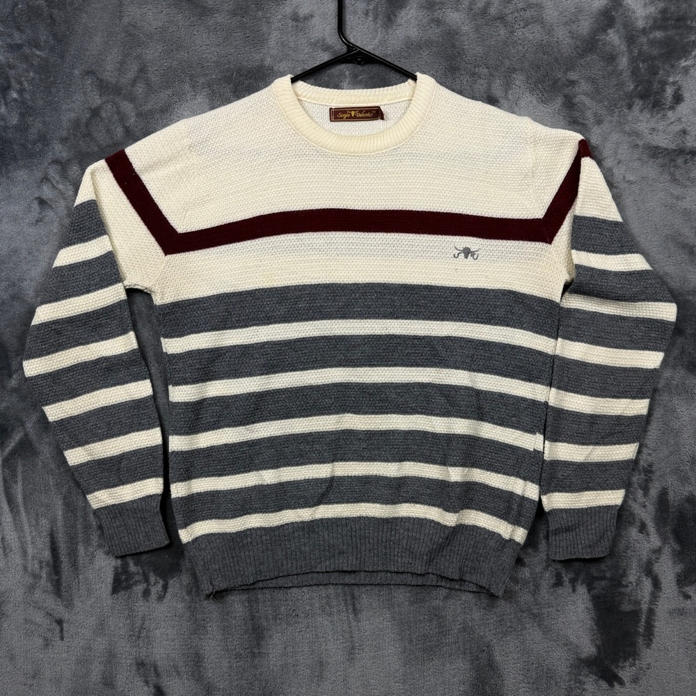 Sergio Valente Sweater Mens Large White Grey Burgundy Good Striped Knit Crewneck